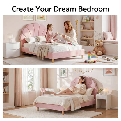 Artiss Single Bed Frame Scallop Upholstered Headboard Pink Velvet Platform Base Support up to 180kg - Image 8