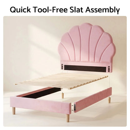 Artiss Single Bed Frame Scallop Upholstered Headboard Pink Velvet Platform Base Support up to 180kg - Image 9