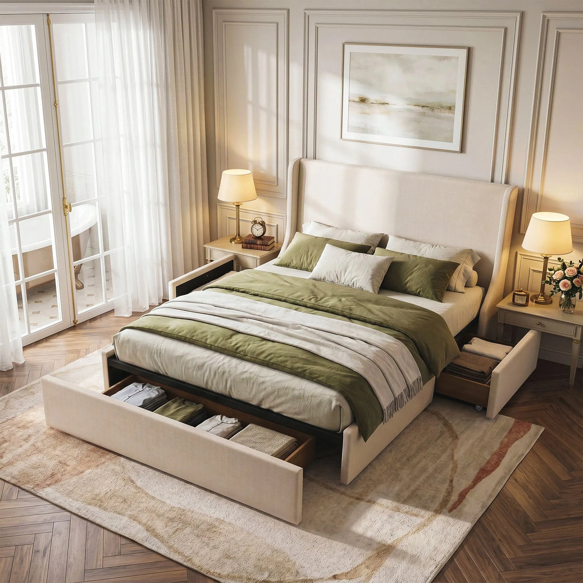 Artiss Double Upholstered Bed Frame with 3 Storage Drawers Wingback Headboard Heavy Duty Metal Platform Base