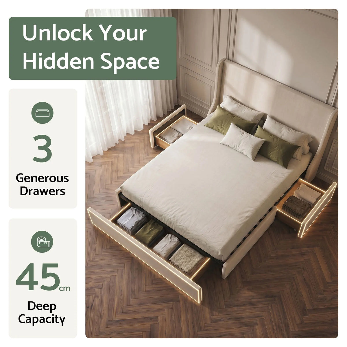 Artiss Double Upholstered Bed Frame with 3 Storage Drawers Wingback Headboard Heavy Duty Metal Platform Base - Image 5