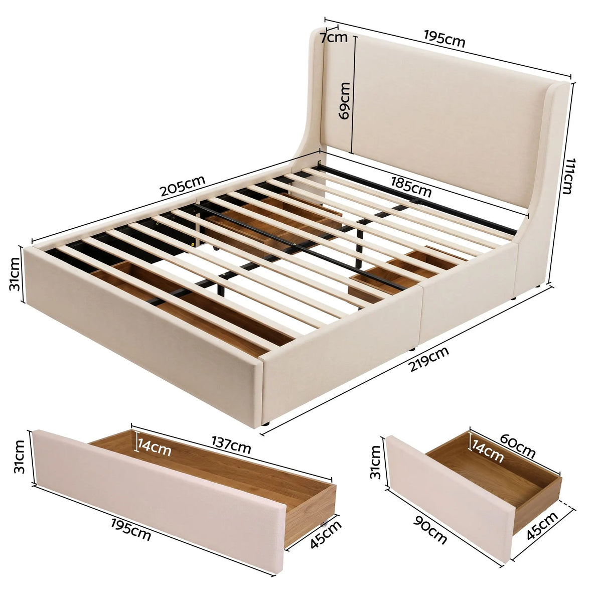Artiss King Upholstered Bed Frame with 3 Storage Drawers Wingback Headboard Heavy Duty Metal Platform Base - Image 3