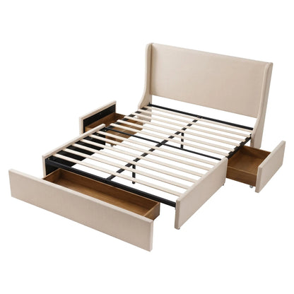 Artiss Queen Upholstered Bed Frame with 3 Storage Drawers Wingback Headboard Heavy Duty Metal Platform Base - Image 2