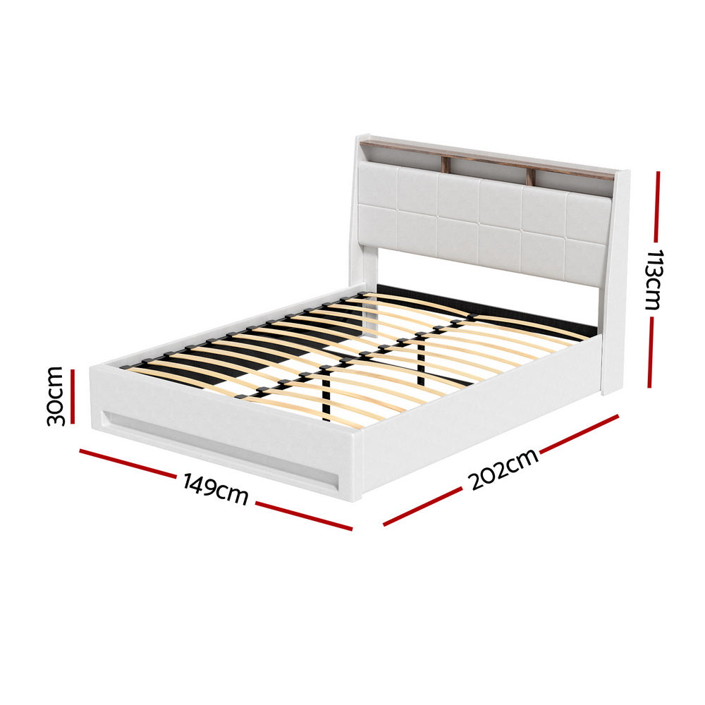 Artiss Bed Frame Gas Lift LED Beds Base Platform White PVC Leather Storage Headboard - Double - Image 2