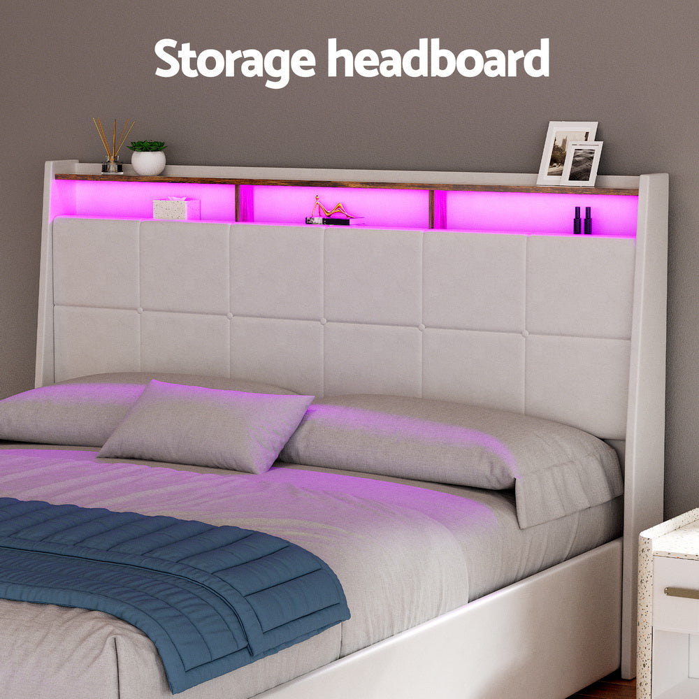 Artiss Bed Frame Gas Lift LED Beds Base Platform White PVC Leather Storage Headboard - Double - Image 6