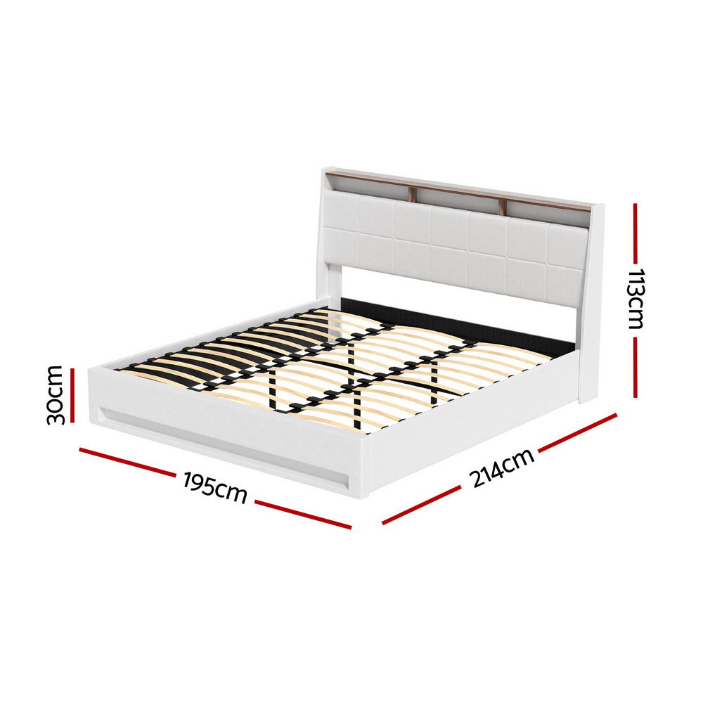 Artiss Bed Frame Gas Lift LED Beds Base Platform White PVC Leather Storage Headboard - King - Image 2