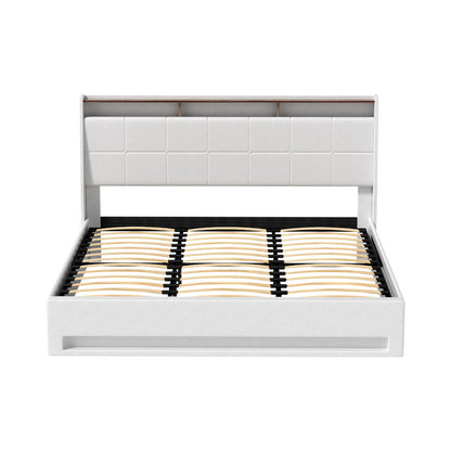 Artiss Bed Frame Gas Lift LED Beds Base Platform White PVC Leather Storage Headboard - King - Image 3