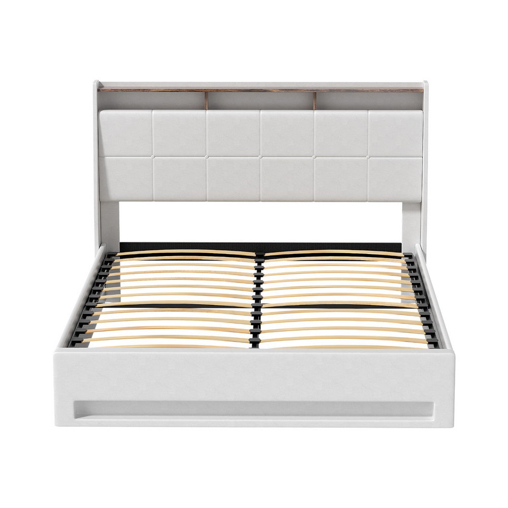 Artiss Bed Frame Gas Lift LED Beds Base Platform White PVC Leather Storage Headboard - Queen - Image 3