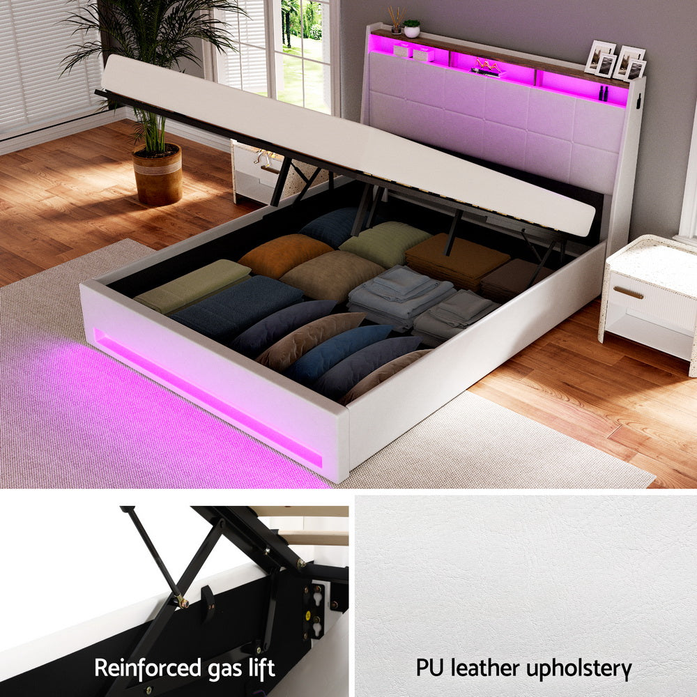 Artiss Bed Frame Gas Lift LED Beds Base Platform White PVC Leather Storage Headboard - Queen - Image 4