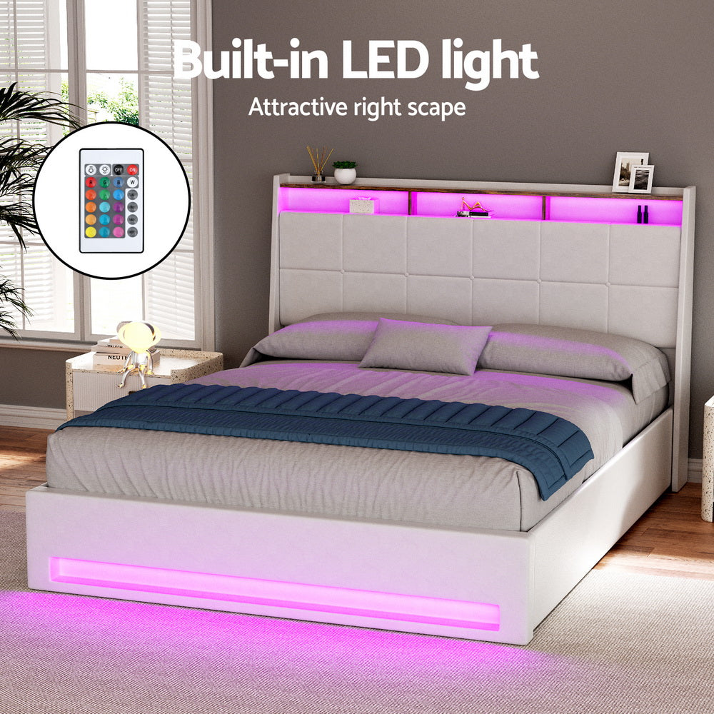 Artiss Bed Frame Gas Lift LED Beds Base Platform White PVC Leather Storage Headboard - Queen - Image 5