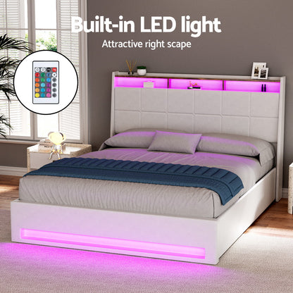 Artiss Bed Frame Gas Lift LED Beds Base Platform White PVC Leather Storage Headboard - Queen - Image 5