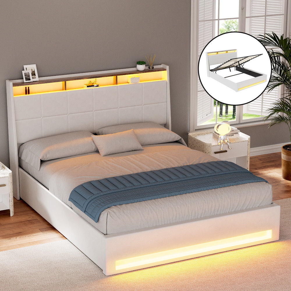 Artiss Bed Frame Gas Lift LED Beds Base Platform White PVC Leather Storage Headboard - Queen - Image 7