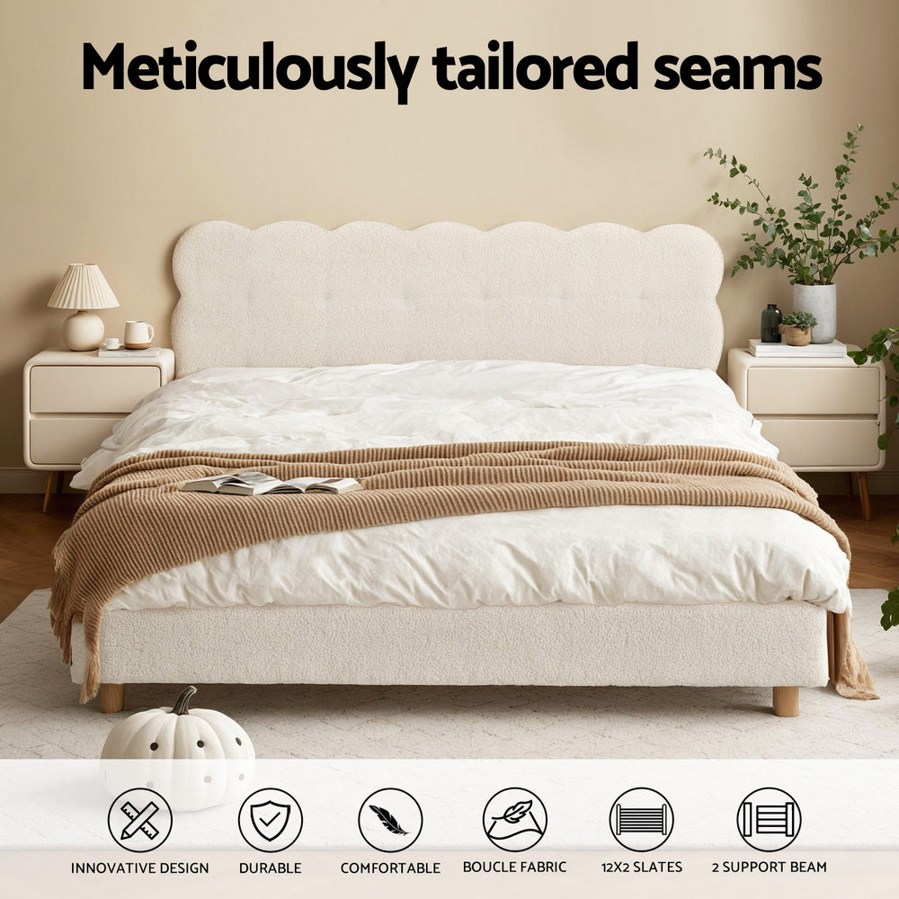 Artiss Double Bed Frame Cloud Headboard Boucle Fabric Mattress Platform Base White - Image 4