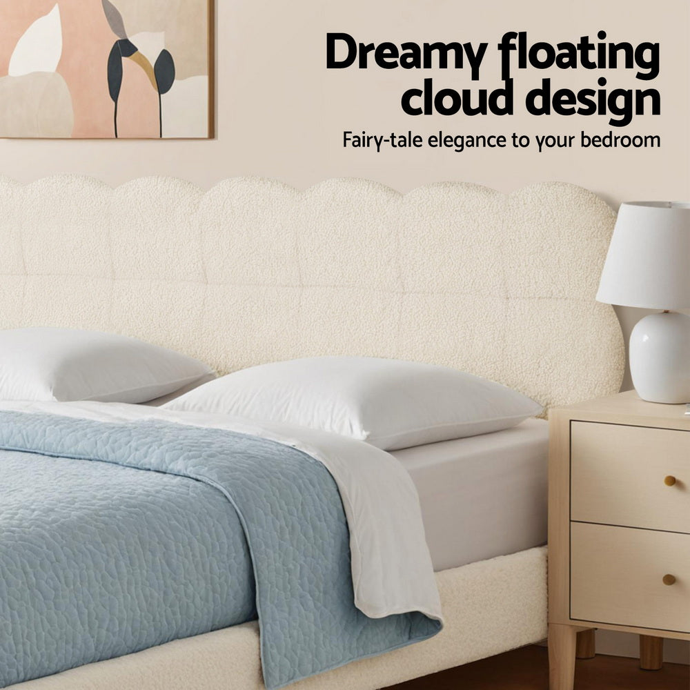 Artiss Double Bed Frame Cloud Headboard Boucle Fabric Mattress Platform Base White - Image 5