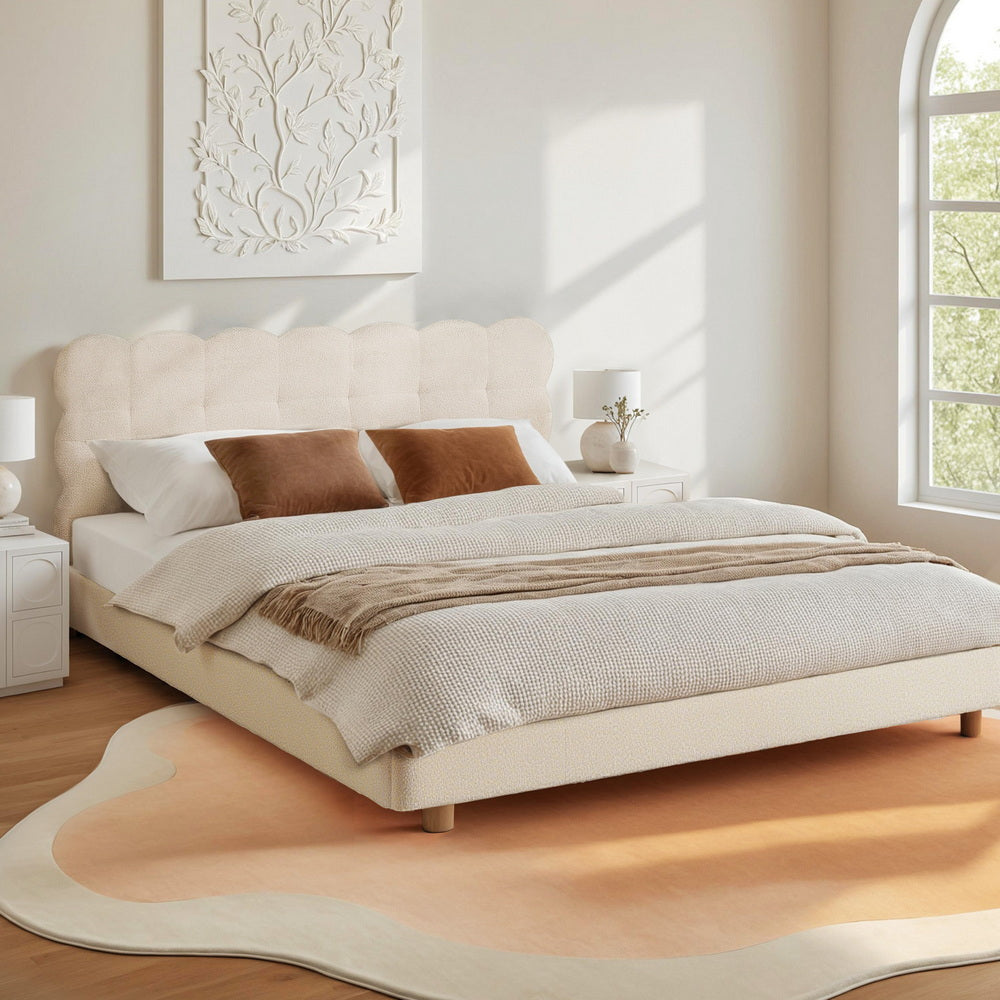 Artiss Double Bed Frame Cloud Headboard Boucle Fabric Mattress Platform Base White - Image 7