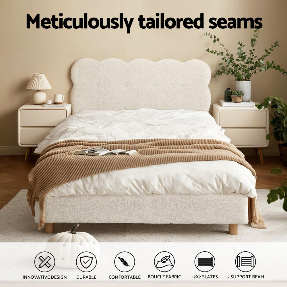 Artiss King Single Bed Frame Cloud Headboard Boucle Fabric Mattress Platform Base White - Image 4