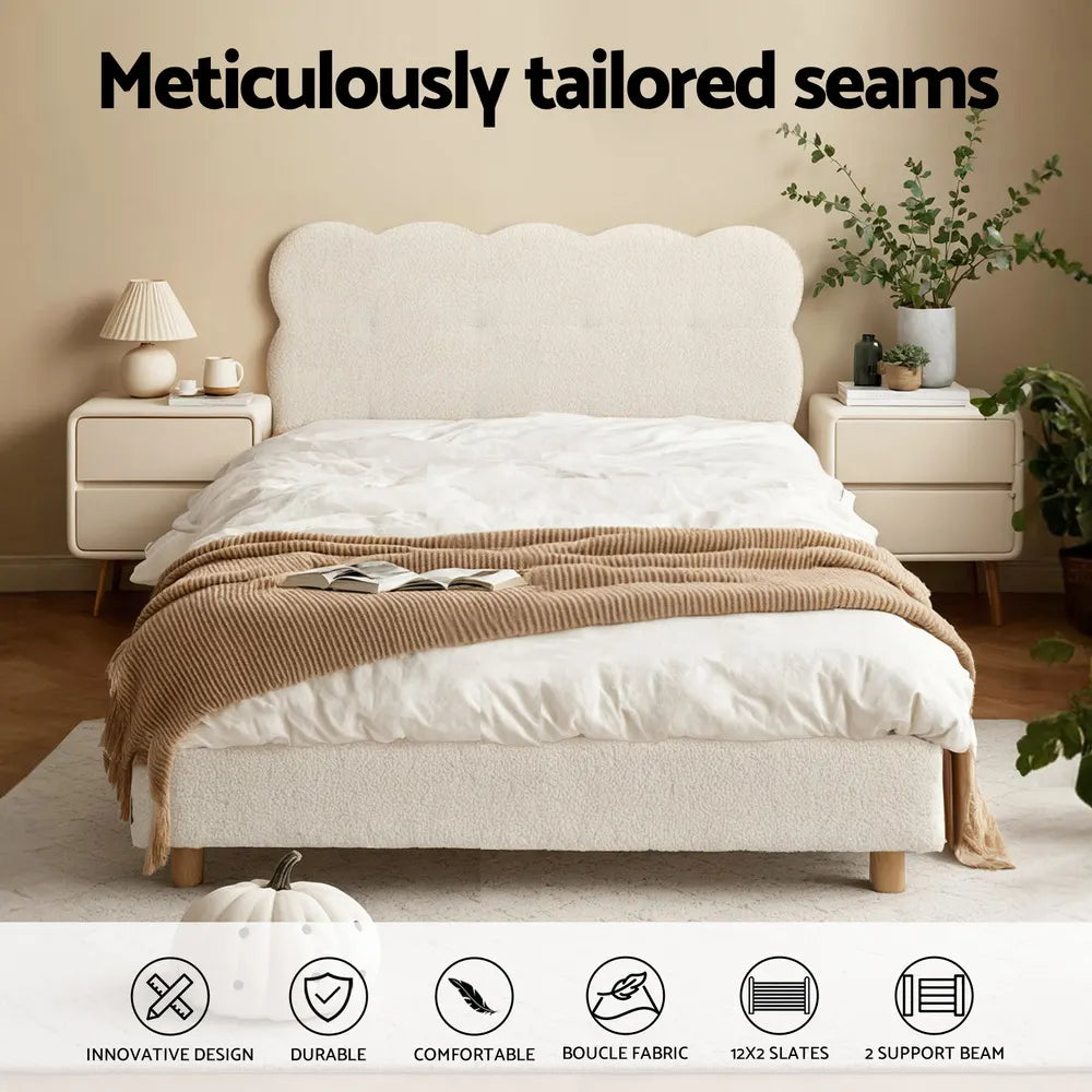 Artiss King Single Bed Frame Cloud Headboard Boucle Fabric Mattress Platform Base White - Image 5