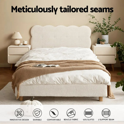 Artiss King Single Bed Frame Cloud Headboard Boucle Fabric Mattress Platform Base White - Image 5