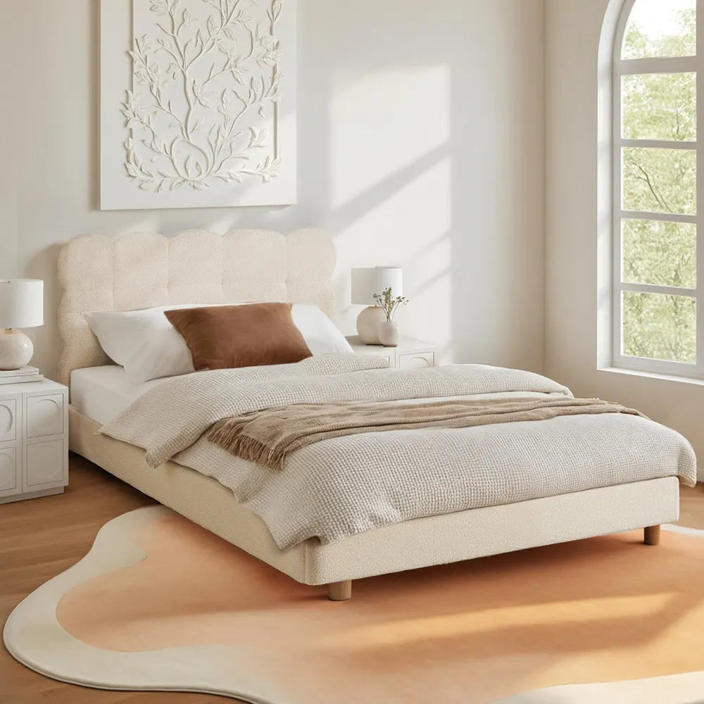 Artiss King Single Bed Frame Cloud Headboard Boucle Fabric Mattress Platform Base White