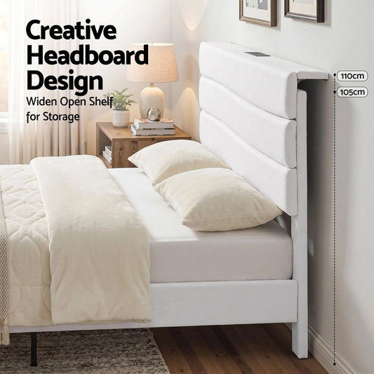 Artiss Queen Bed Frame with Storage Adjustable Headboard Platform Base Linen Fabric Charging Ports - Image 5