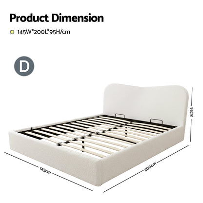 Artiss Double Bed Frame with Gaslift Storage Wooden Platform Mattress Base Boucle Upholstered White - Image 2