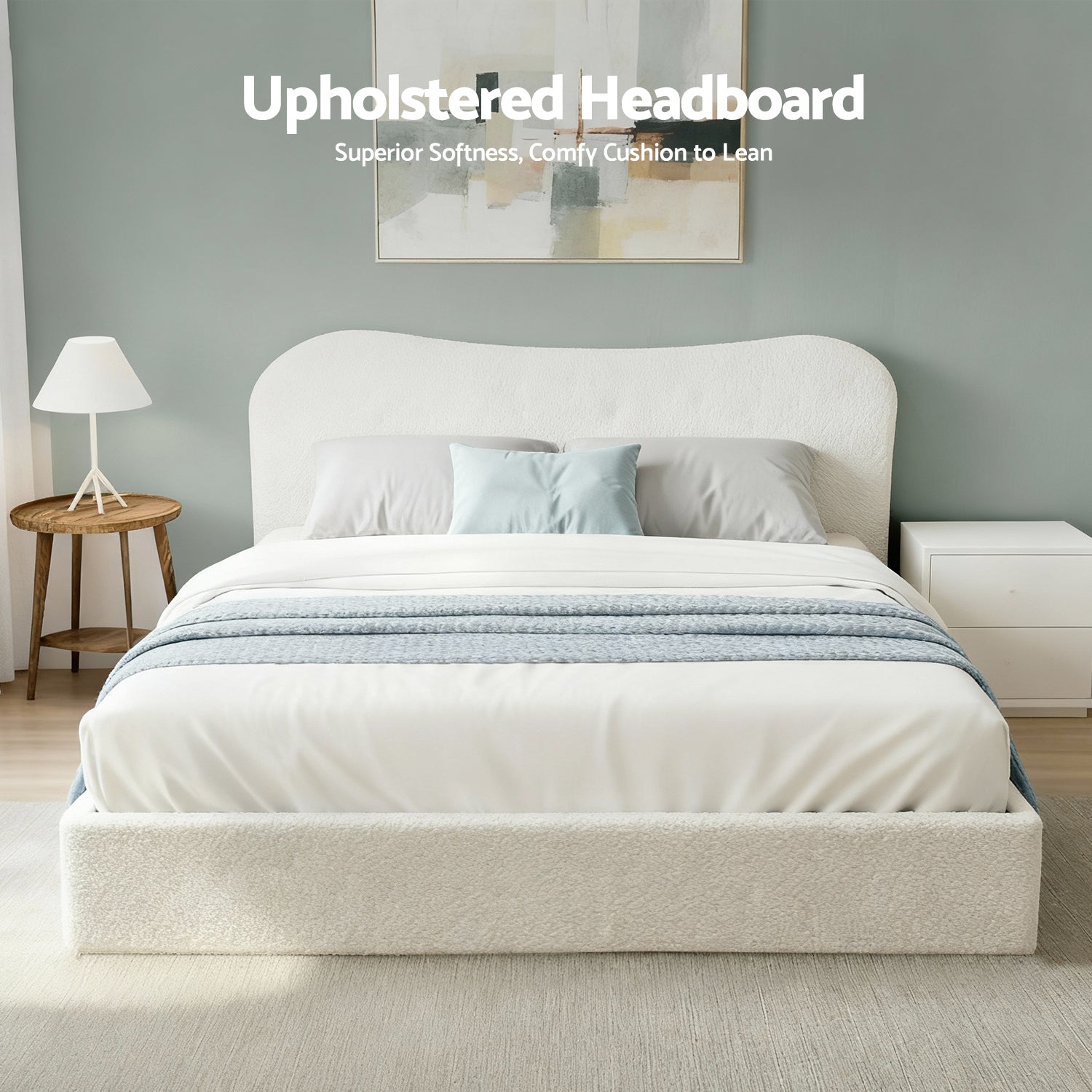 Artiss Double Bed Frame with Gaslift Storage Wooden Platform Mattress Base Boucle Upholstered White - Image 3