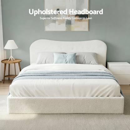 Artiss Double Bed Frame with Gaslift Storage Wooden Platform Mattress Base Boucle Upholstered White - Image 3