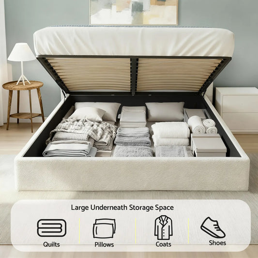 Artiss Double Bed Frame with Gaslift Storage Wooden Platform Mattress Base Boucle Upholstered White - Image 4