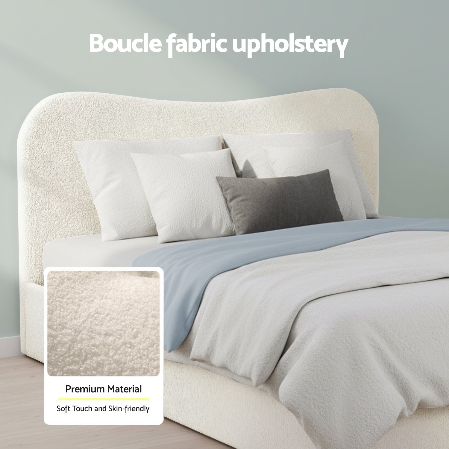 Artiss Double Bed Frame with Gaslift Storage Wooden Platform Mattress Base Boucle Upholstered White - Image 5