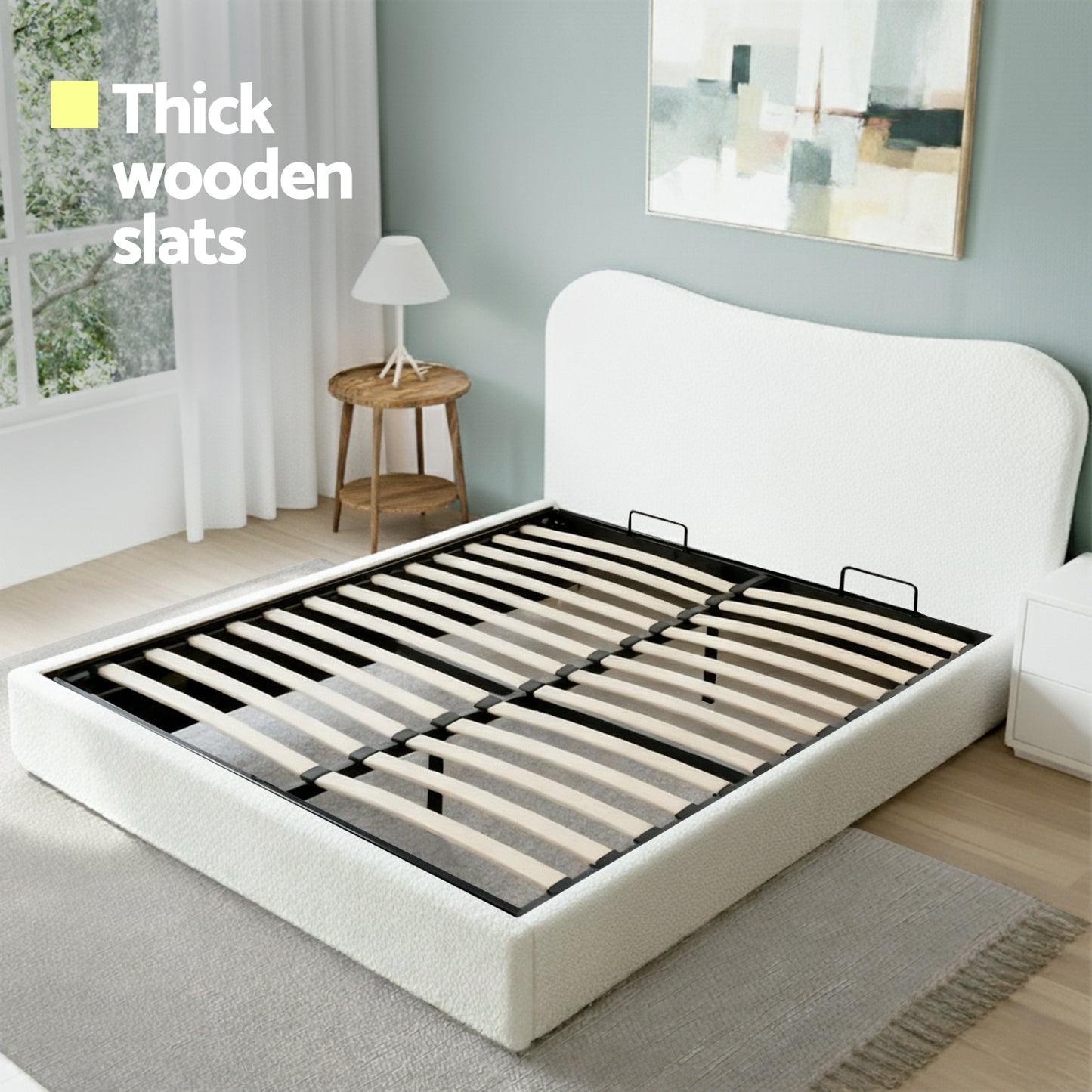 Artiss Double Bed Frame with Gaslift Storage Wooden Platform Mattress Base Boucle Upholstered White - Image 6