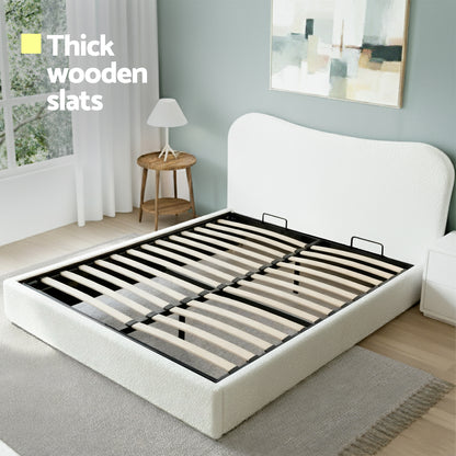 Artiss Double Bed Frame with Gaslift Storage Wooden Platform Mattress Base Boucle Upholstered White - Image 6