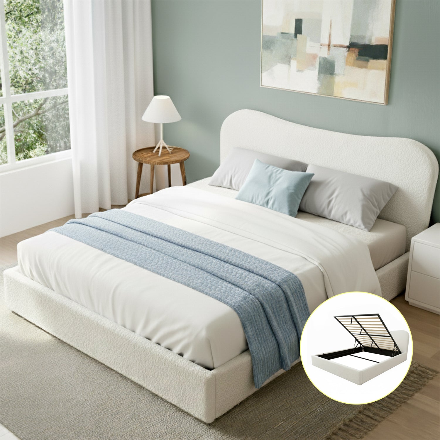 Artiss Double Bed Frame with Gaslift Storage Wooden Platform Mattress Base Boucle Upholstered White - Image 7