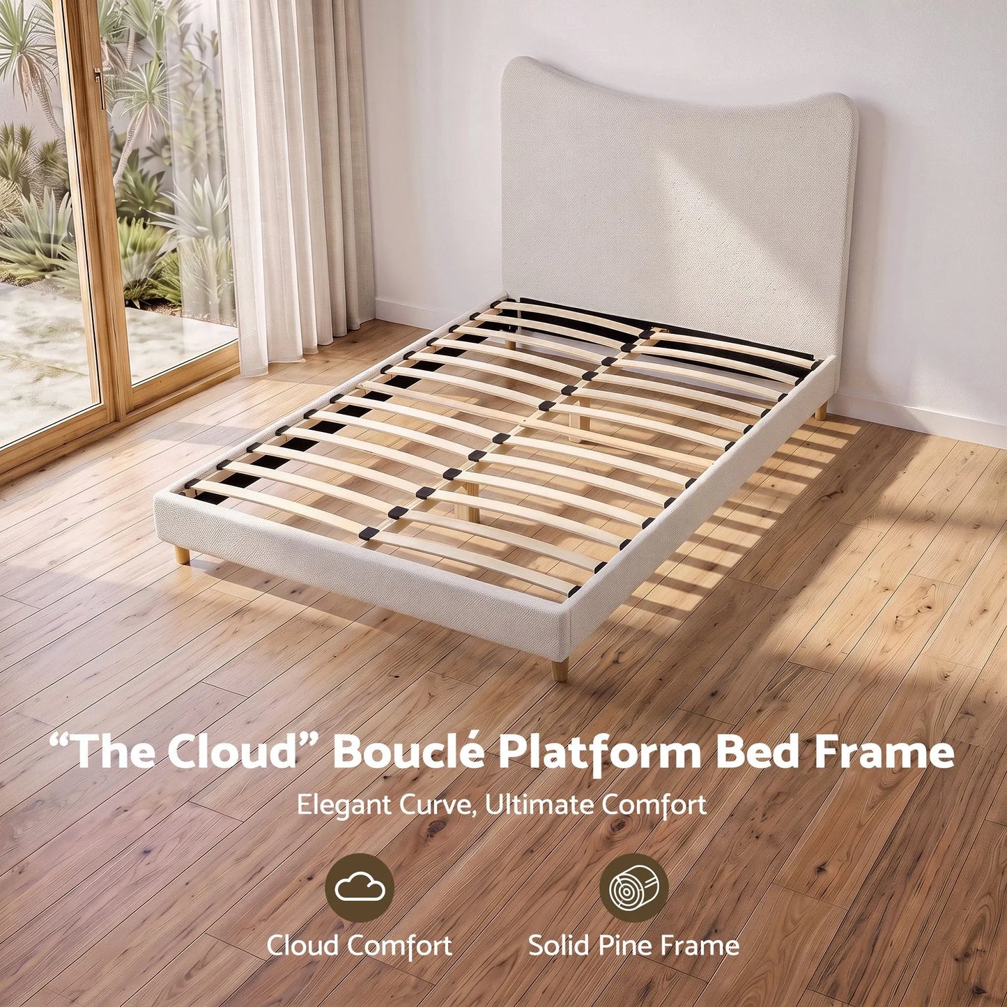 Artiss Double Bed Frame with Boucle Headboard, Beige, 300kg Capacity - Image 5