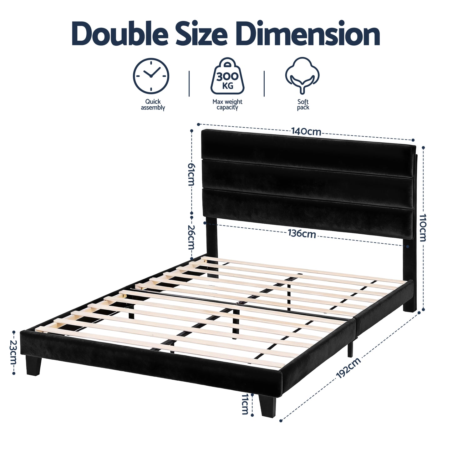 Artiss Double Bed Frame Upholstered Platform Base with Geometric Headboard Black Velvet - Image 2