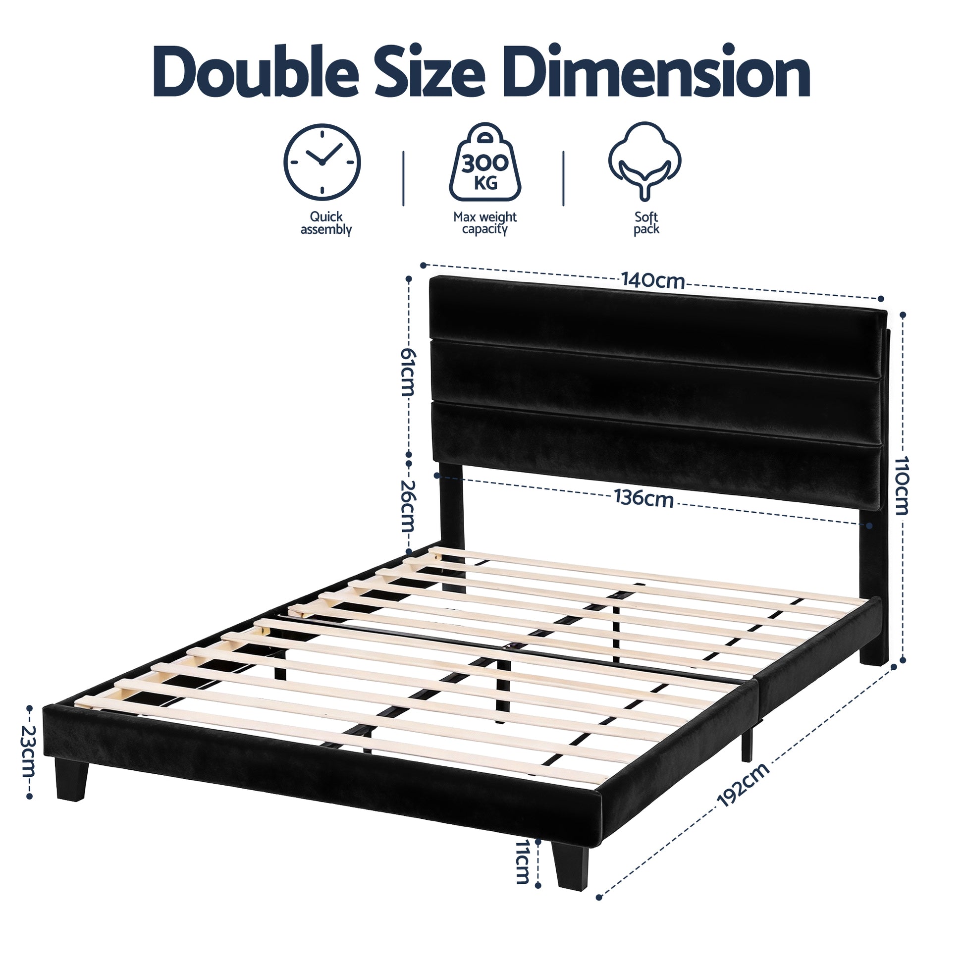 Artiss Double Bed Frame Upholstered Platform Base with Geometric Headboard Black Velvet - Image 2