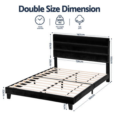 Artiss Double Bed Frame Upholstered Platform Base with Geometric Headboard Black Velvet - Image 2