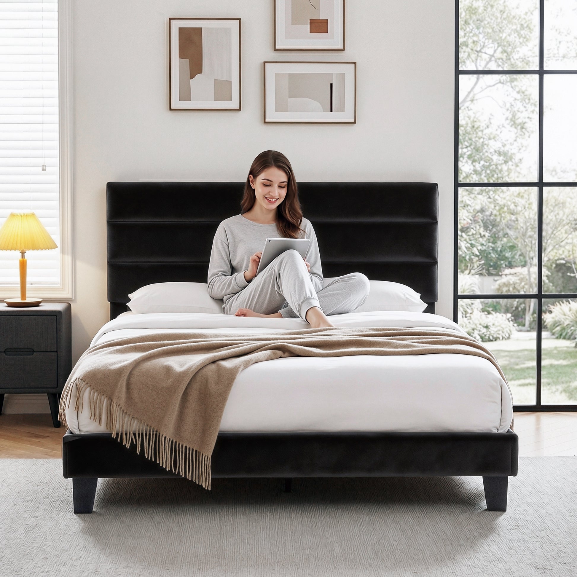 Artiss Double Bed Frame Upholstered Platform Base with Geometric Headboard Black Velvet - Image 4