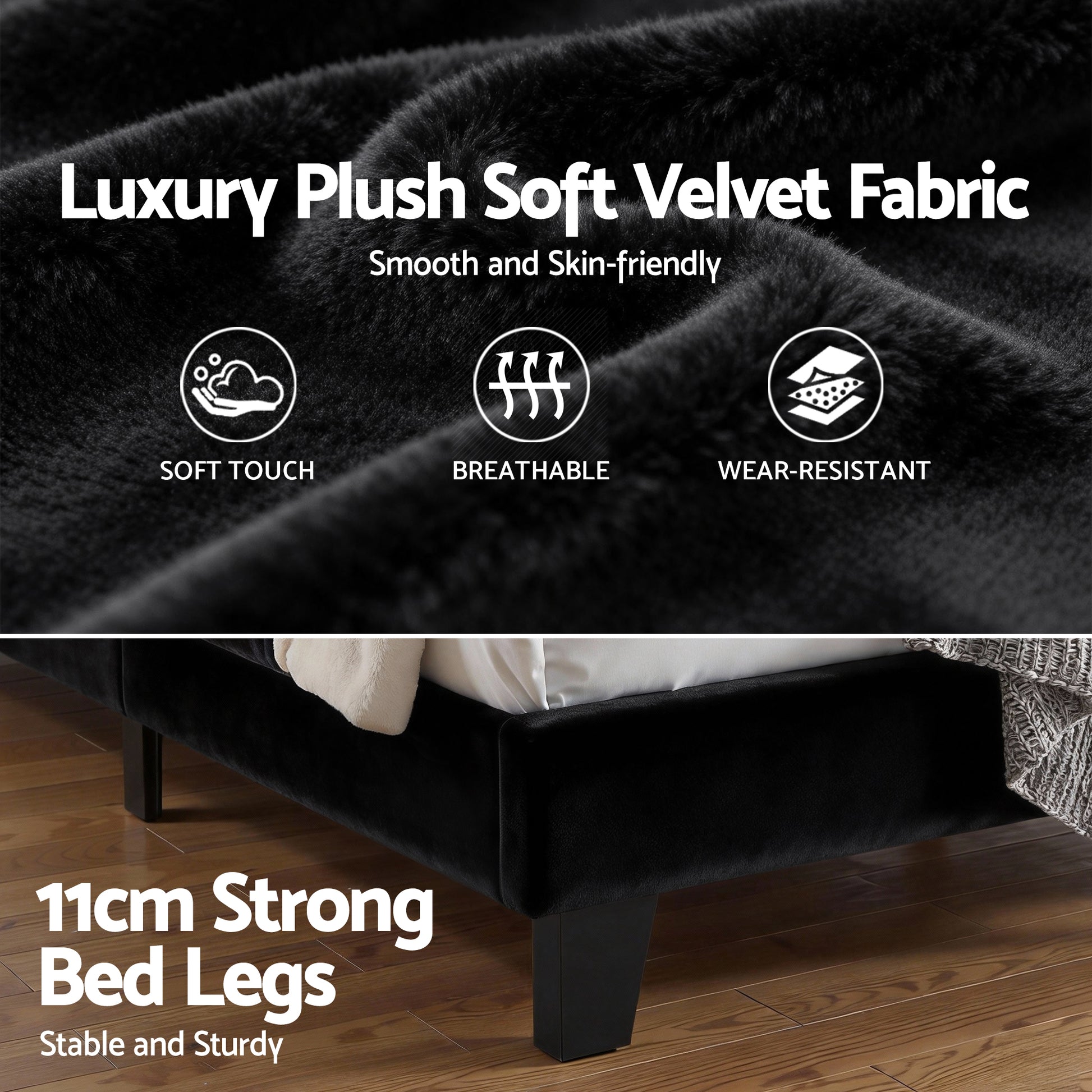 Artiss Double Bed Frame Upholstered Platform Base with Geometric Headboard Black Velvet - Image 7