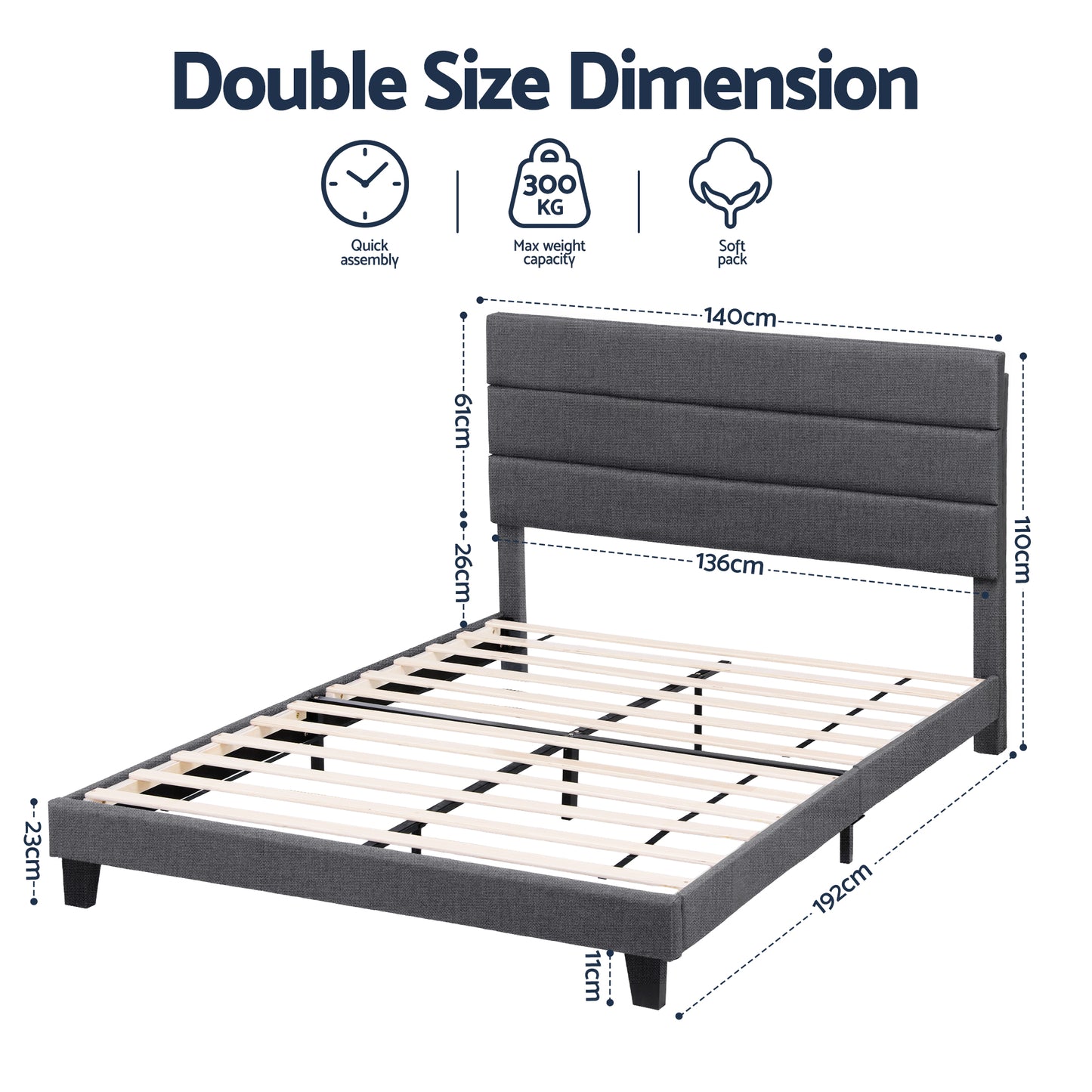 Artiss Double Bed Frame Upholstered Platform Base with Geometric Headboard Charcoal Grey Linen Wood Slats for Modern Bedroom Furniture Home Decor - Image 2