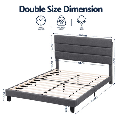 Artiss Double Bed Frame Upholstered Platform Base with Geometric Headboard Charcoal Grey Linen Wood Slats for Modern Bedroom Furniture Home Decor - Image 2