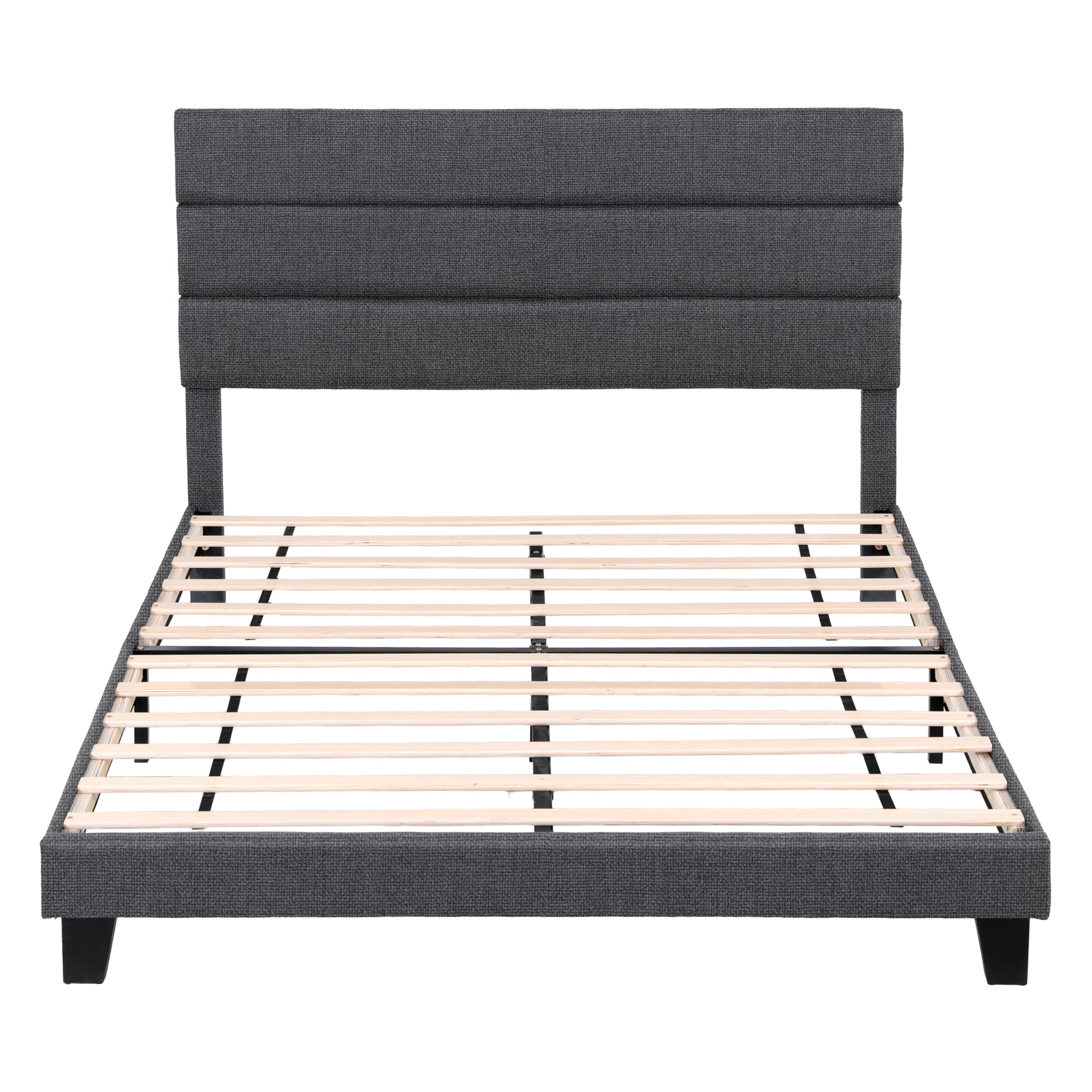 Artiss Double Bed Frame Upholstered Platform Base with Geometric Headboard Charcoal Grey Linen Wood Slats for Modern Bedroom Furniture Home Decor - Image 3