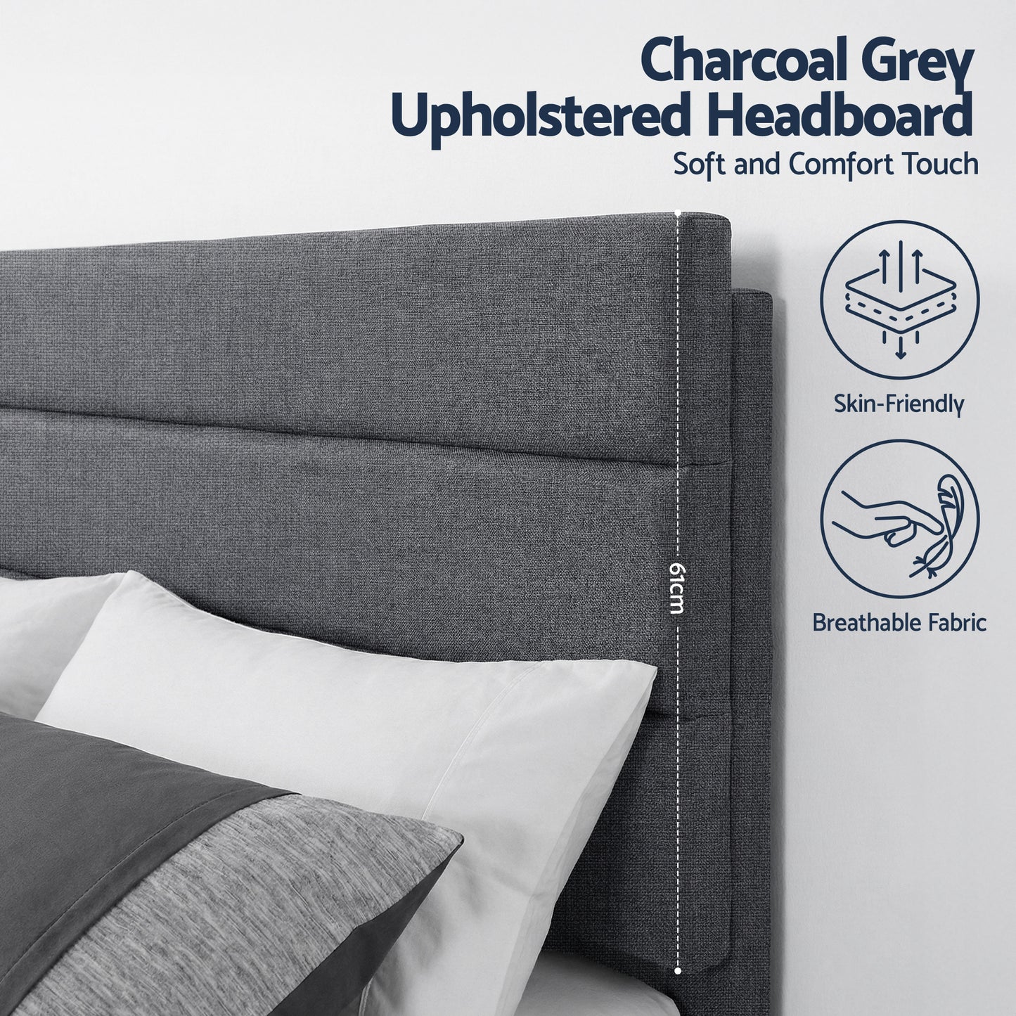 Artiss Double Bed Frame Upholstered Platform Base with Geometric Headboard Charcoal Grey Linen Wood Slats for Modern Bedroom Furniture Home Decor - Image 5