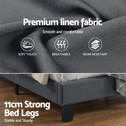 Artiss Double Bed Frame Upholstered Platform Base with Geometric Headboard Charcoal Grey Linen Wood Slats for Modern Bedroom Furniture Home Decor - Image 7