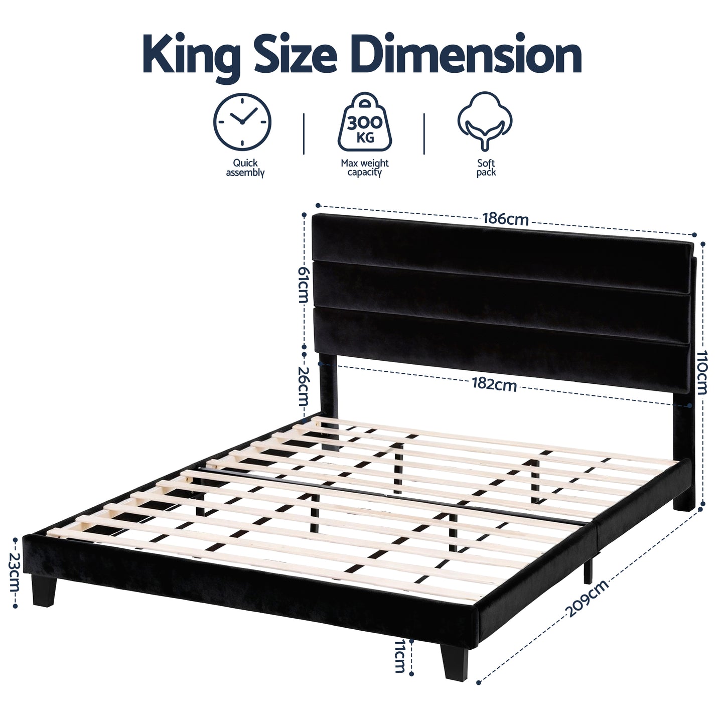 Artiss King Bed Frame Upholstered Platform Base with Geometric Headboard Black Velvet - Image 2
