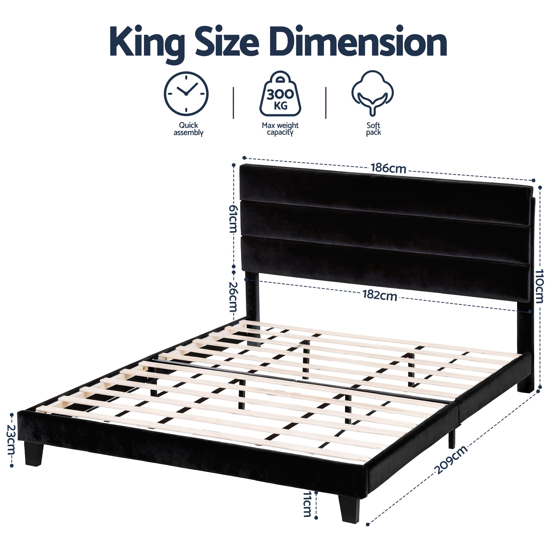Artiss King Bed Frame Upholstered Platform Base with Geometric Headboard Black Velvet - Image 2