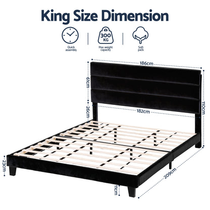 Artiss King Bed Frame Upholstered Platform Base with Geometric Headboard Black Velvet - Image 2