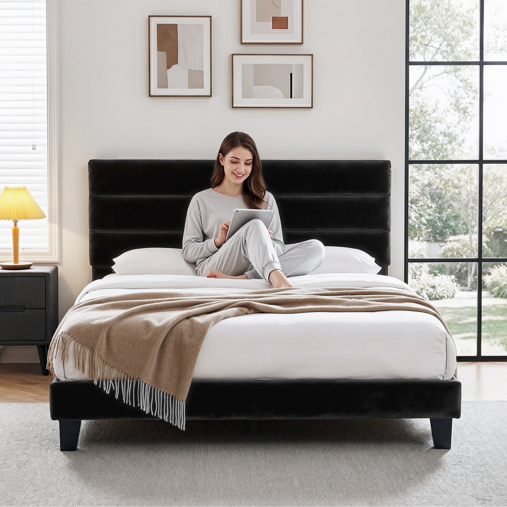 Artiss King Bed Frame Upholstered Platform Base with Geometric Headboard Black Velvet - Image 4