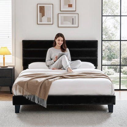 Artiss King Bed Frame Upholstered Platform Base with Geometric Headboard Black Velvet - Image 4