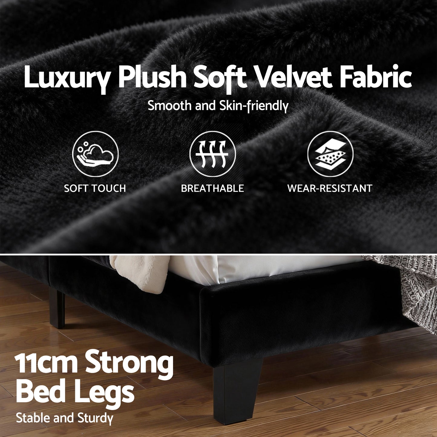 Artiss King Bed Frame Upholstered Platform Base with Geometric Headboard Black Velvet - Image 7