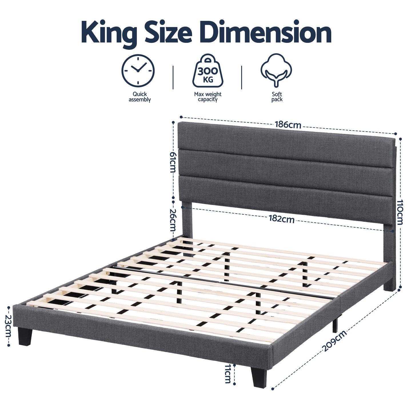 Artiss King Bed Frame Upholstered Platform Base with Geometric Headboard Charcoal Grey Linen Wood Slats for Modern Bedroom Furniture Home Decor - Image 2