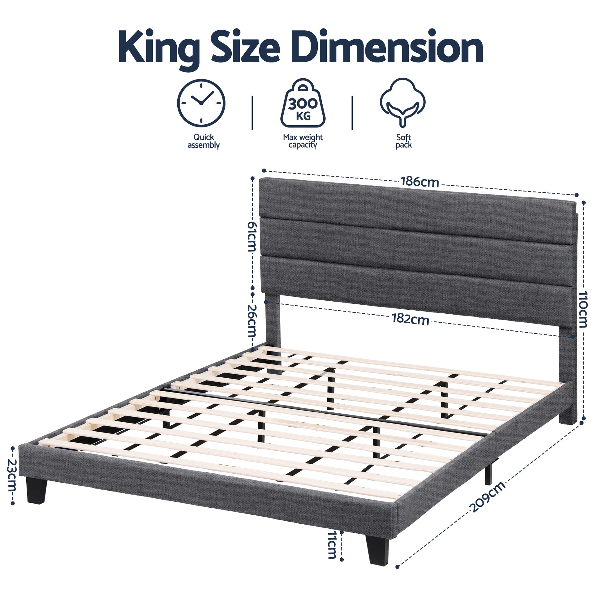 Artiss King Bed Frame Upholstered Platform Base with Geometric Headboard Charcoal Grey Linen Wood Slats for Modern Bedroom Furniture Home Decor - Image 2